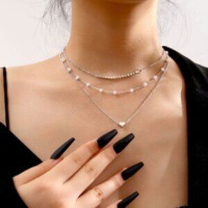 Contemporary Heart Pearl and Rhinestone Layered Silver Alloy Necklace